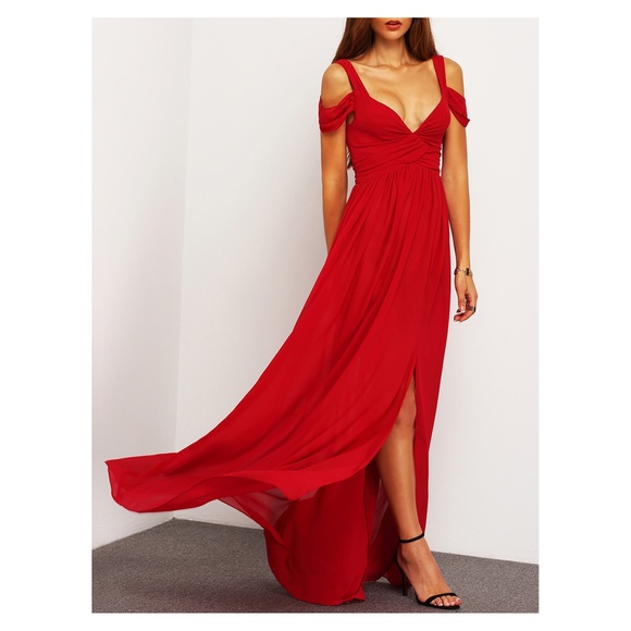 MBM Unlimited Dresses & Skirts - Burgundy Red Cold Shoulder Ruched Slit Maxi Dress